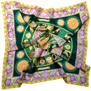 PSICHORA luxury silk scarf – Emerald Sky – Green Emerald Golden Pink Floral – 100% mulberry silk – designer accessory for women