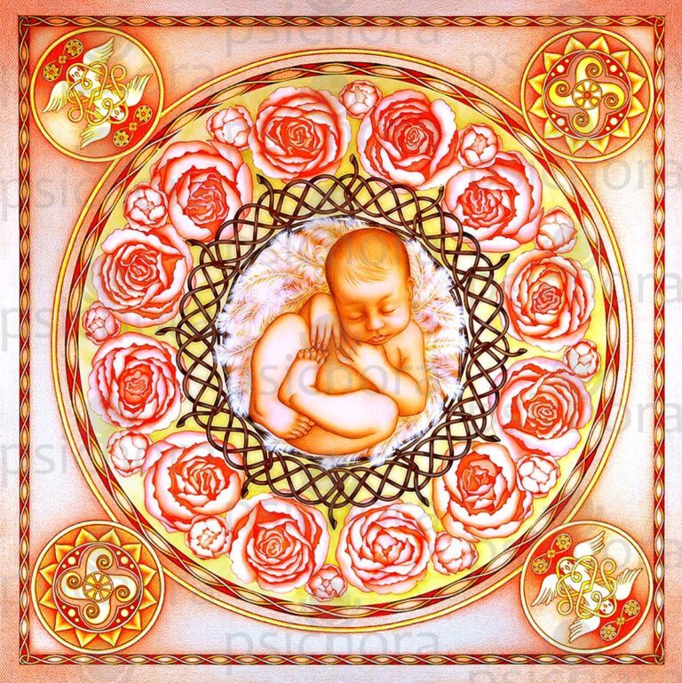 Love symbols, peachy coral and pink peony flowers swirling around the tender baby in the Creation N1 pure silk scarf by PSICHORA.