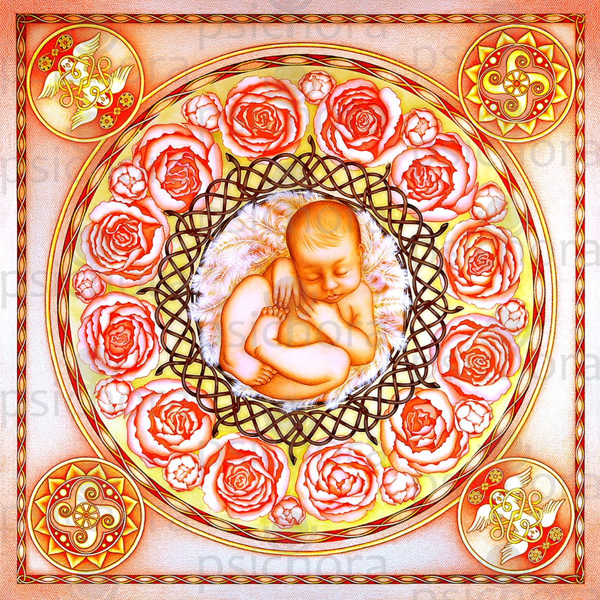 Love symbols, peachy coral and pink peony flowers swirling around the tender baby in the Creation N1 pure silk scarf by PSICHORA.