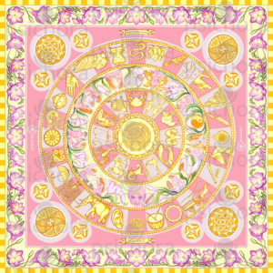 Feel the Dawn Sky silk scarf - its golden corals & exquisite pink florals over sunny yellow entwining the amber symbols & starry wheals.