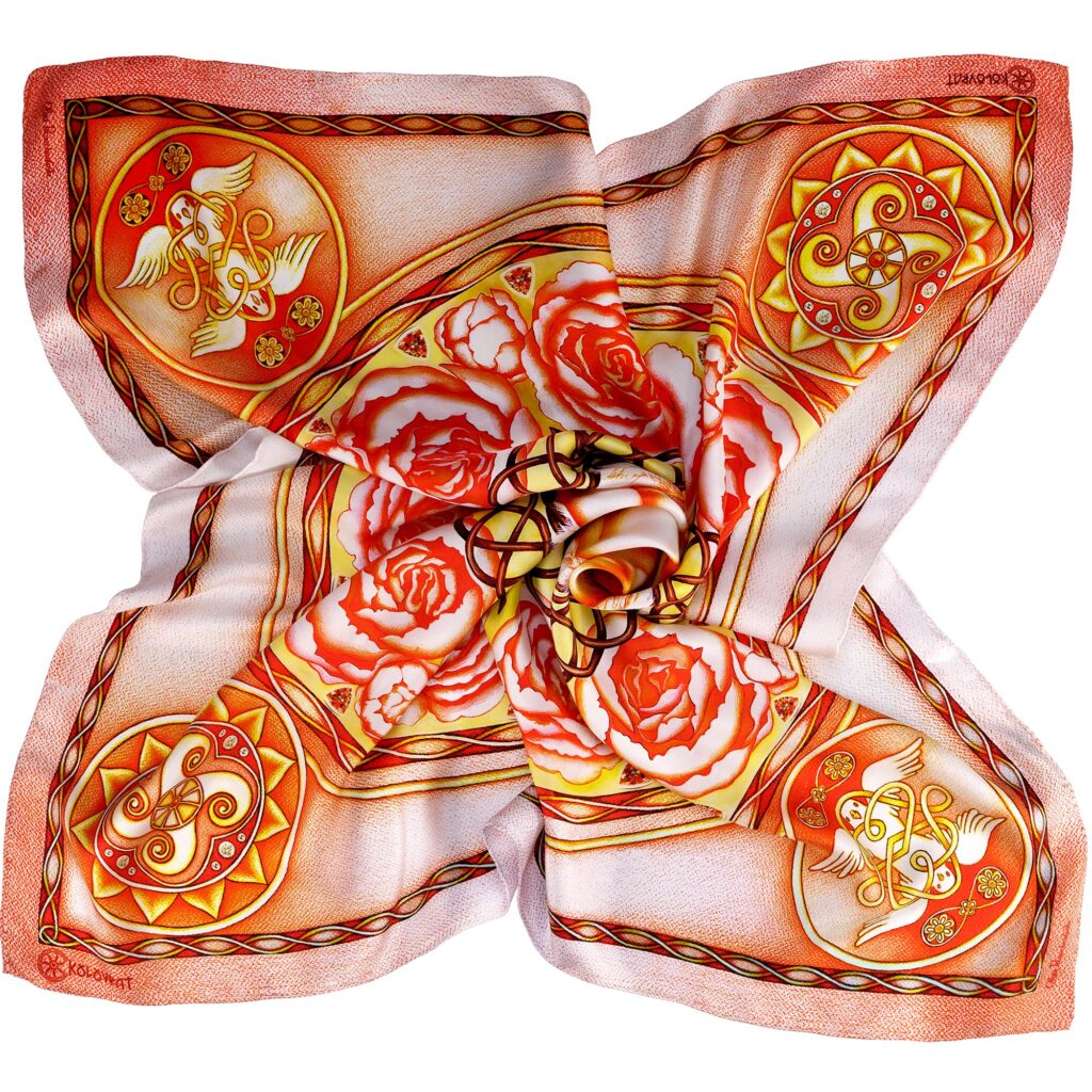 Cuddle in the peachy pink scarf Creation N1 coming from reversible silk scarf collection of PSICHORA.