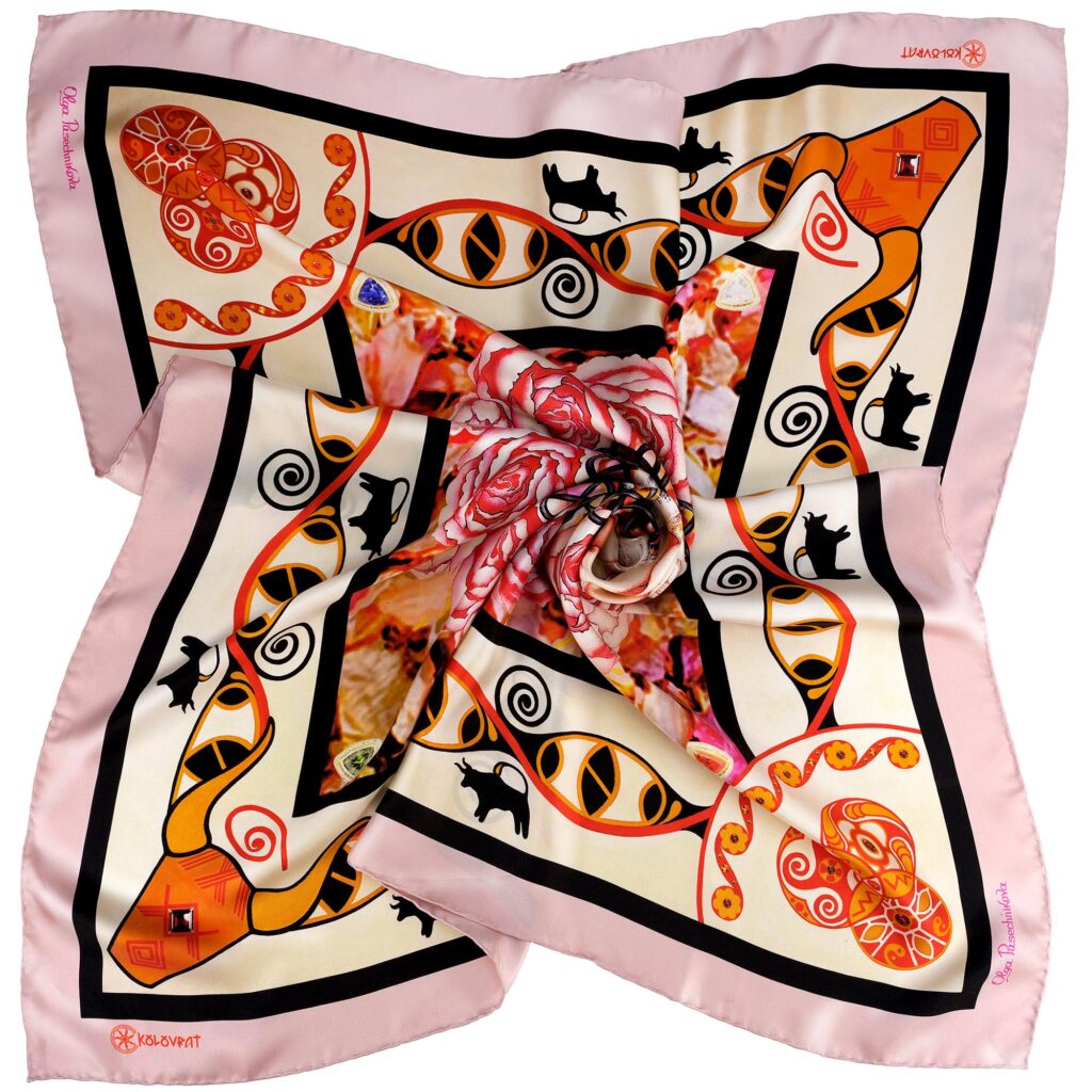 PSICHORA: Celebrate life in The Beginning pale pink silk scarf that praises the infinity of life.