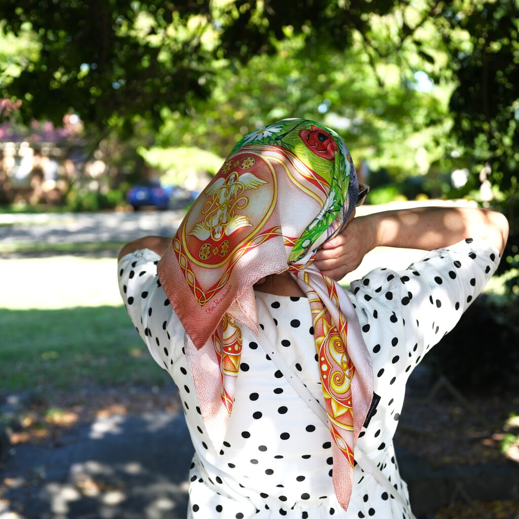 Eternal Lovers, designer silk scarf by PSICHORA. Pure mulberry silk. Romance, Love vibes, Peach, Emerald, White daisies, Red poppies. Designed in Australia, Hand rolled & made in Italy.