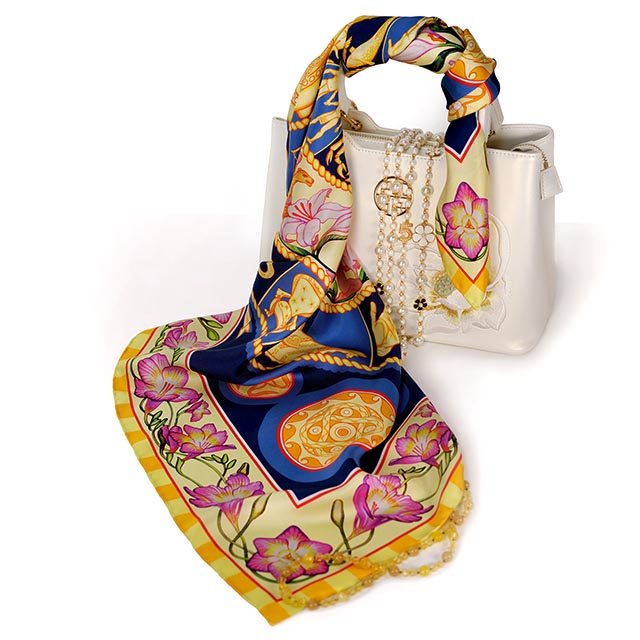 Stand out in the Night Sky - splendid colours of gold, amber and dark blues pure silk scarf by PSICHORA.