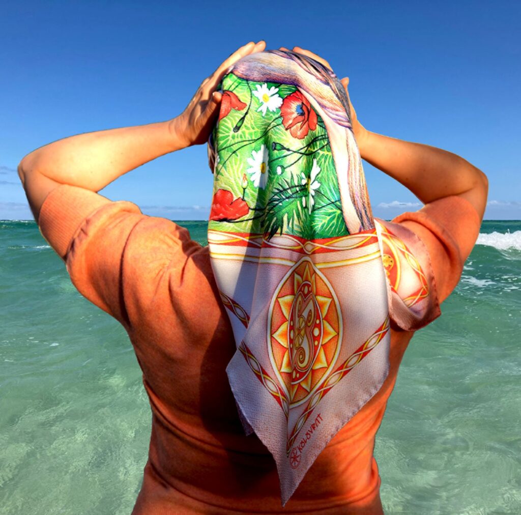 She embraced life most joyful energies of love stepping out in the Eternal Lovers pure silk scarf of PSICHORA.