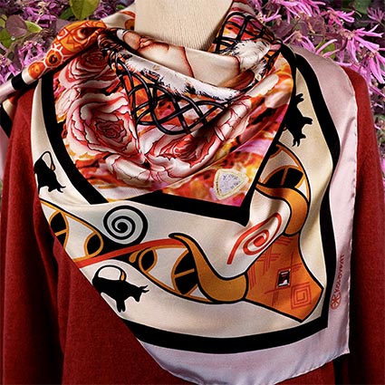 Embrace vibes of ancient wisdom encoded in The Beginning pale pink and rich amber silk scarf by PSICHORA.