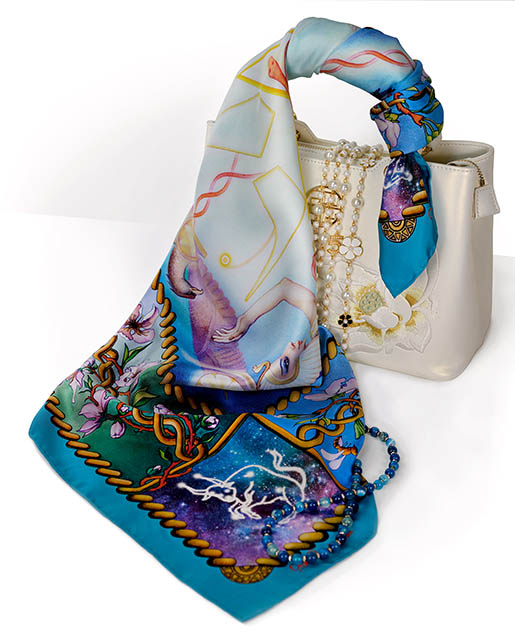 Emanate colours of galactical splendour and enigma in the floral teal blue silk scarf Creation N5 by PSICHORA