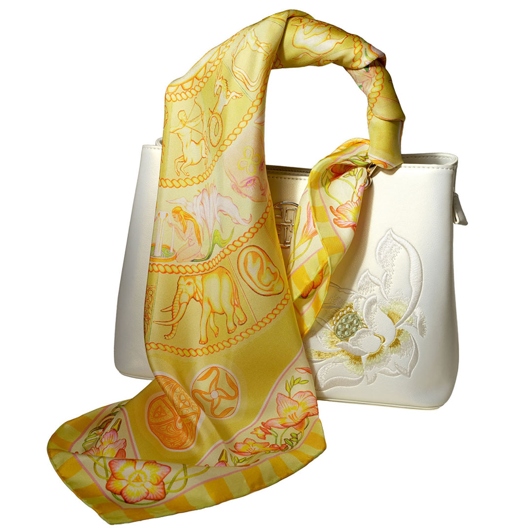 Bring a sunny spot on with the Golden Sky pure silk scarf of PSICHORA.