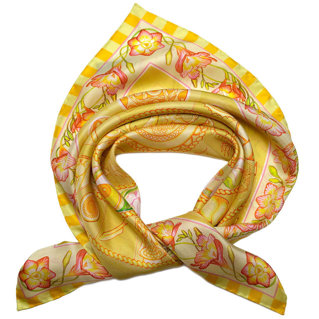 Buy the exquisite yet versatile Gold Silk Scarf from PSICHORA the Skies 68cm collection.