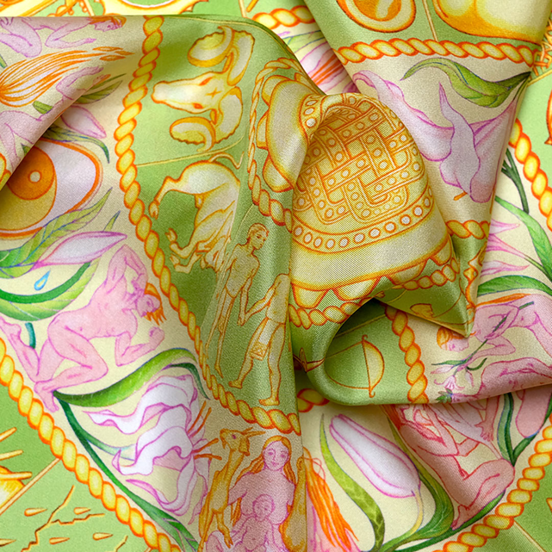 PSICHORA: feel the refreshing luxury of the Pistachio Sky pure silk scarf close up view.