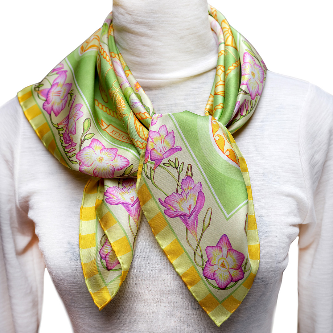 Transform your outfit with images of the Zodiac and Nakshatras golden wheels spinning in endless Cosmic dance in this stanning woman's silk scarf from PSICHORA.