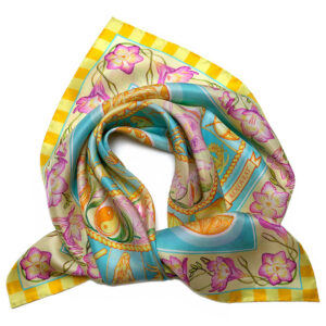 68-cm-turquoise-sky-scarf-tied Buy with confidence the Turquoise Sky 68cm luxury silk scarf of PSICHORA.