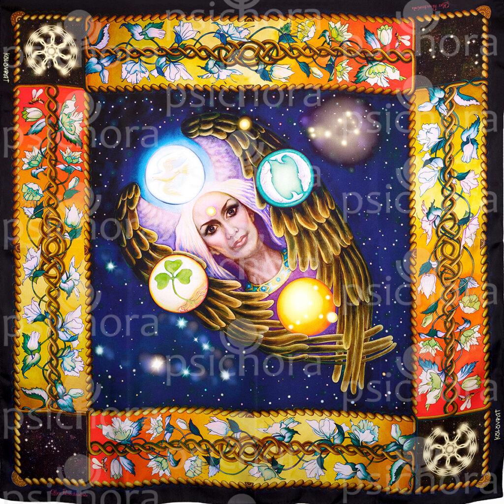 Ponder over the most enigmatic images & their Cosmic opulence in the Creation reversible silk scarf 88 by PSICHORA.