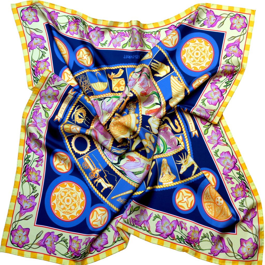 Enhance your look with inspiring symbols that carry the wisdom of Eternity in the square silk scarf Night Sky.