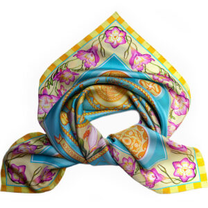 Buy with confidence Turquoise Sky luxury silk scarf of PSICHORA entwined by purple freesia flowers and encoded symbols.