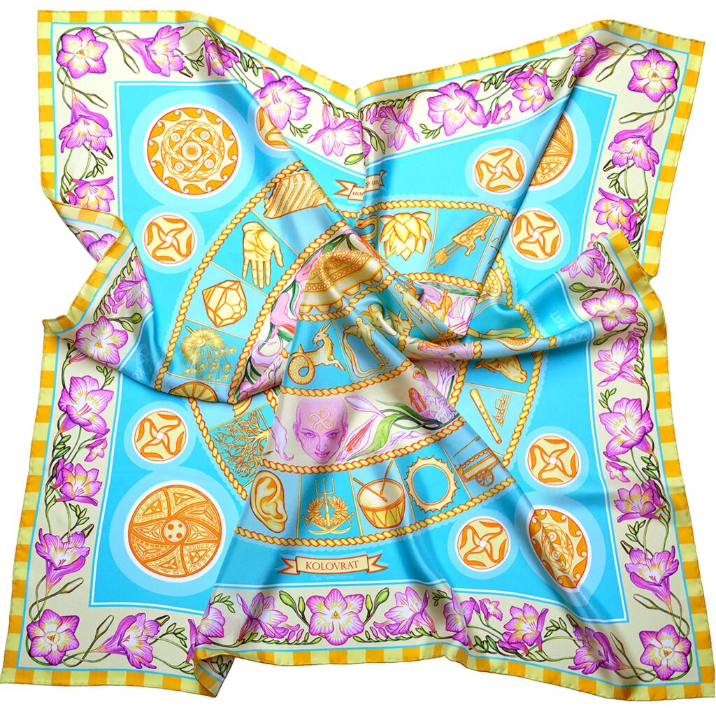Indulge into timeless beauty of this luxury turquoise scarf enriched with bordering waves of exquisite purple freesia flowers and golden Eternity symbols. 