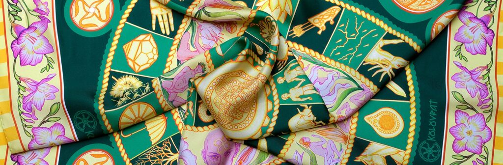 PSICHORA: Emerald Sky silk scarf closeup view.
