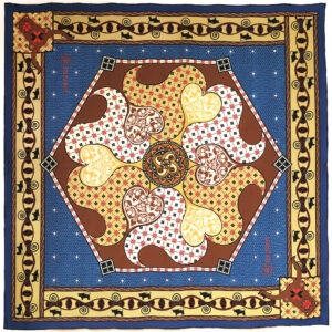 PSICHORA luxury silk scarf - Talisman - Teal Blue Terracotta - 100% mulberry silk - designer silk accessory.