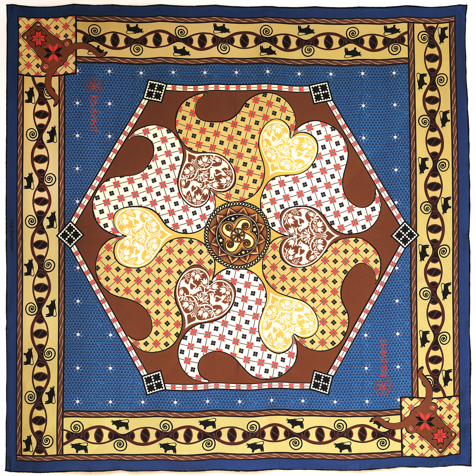 PSICHORA luxury silk scarf - Talisman - Teal Blue Terracotta - 100% mulberry silk - designer silk accessory.