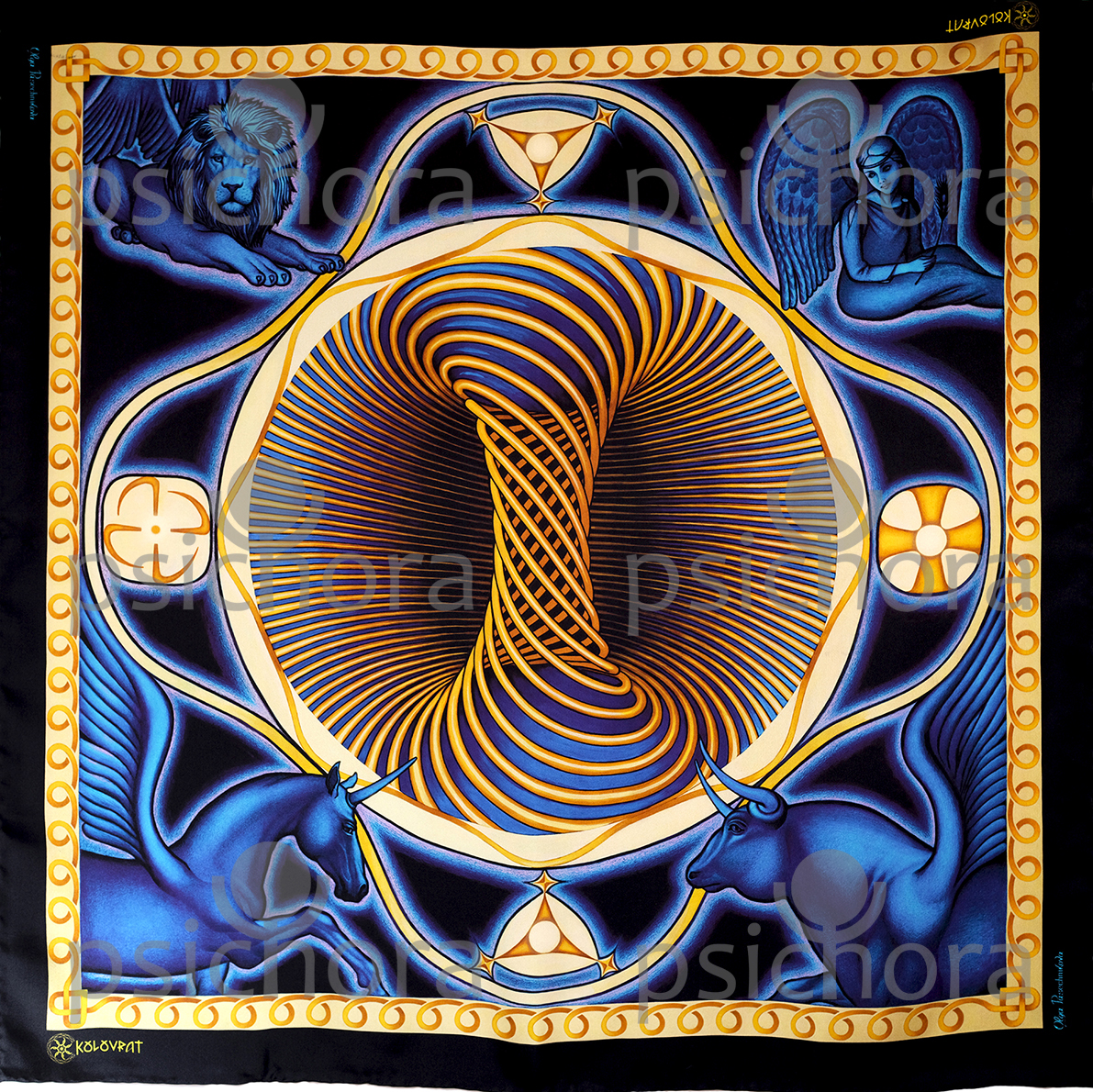 Take a look at the profound imagery & rich colours of this royal navy silk scarf by PSICHORA.