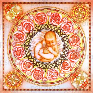 Take a close look at the golden pink silk scarf Creation N1 - the symphony of love symbols and peony flowers.