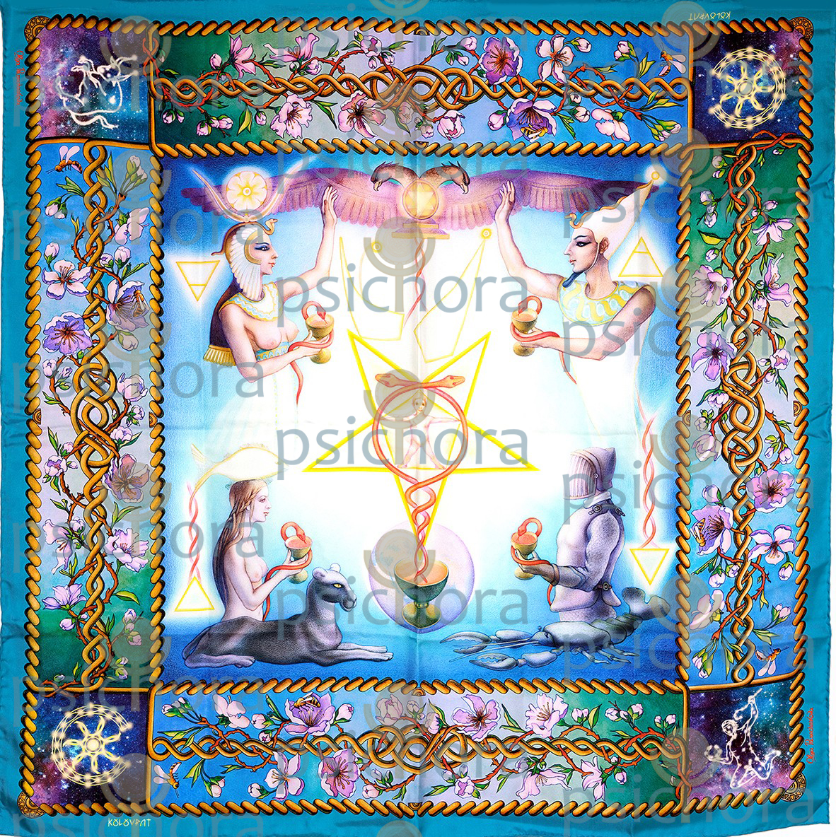 PSICHORA: behold the Creation N5 silk scarf marvels of skies vibrant colours, profound ancient symbols and finest imagery.