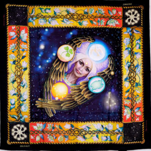 PSICHORA designer silk scarf - Creation - Black, Red, Golden, Celestial, Floral - 100% mulberry silk - designer silk accessory.