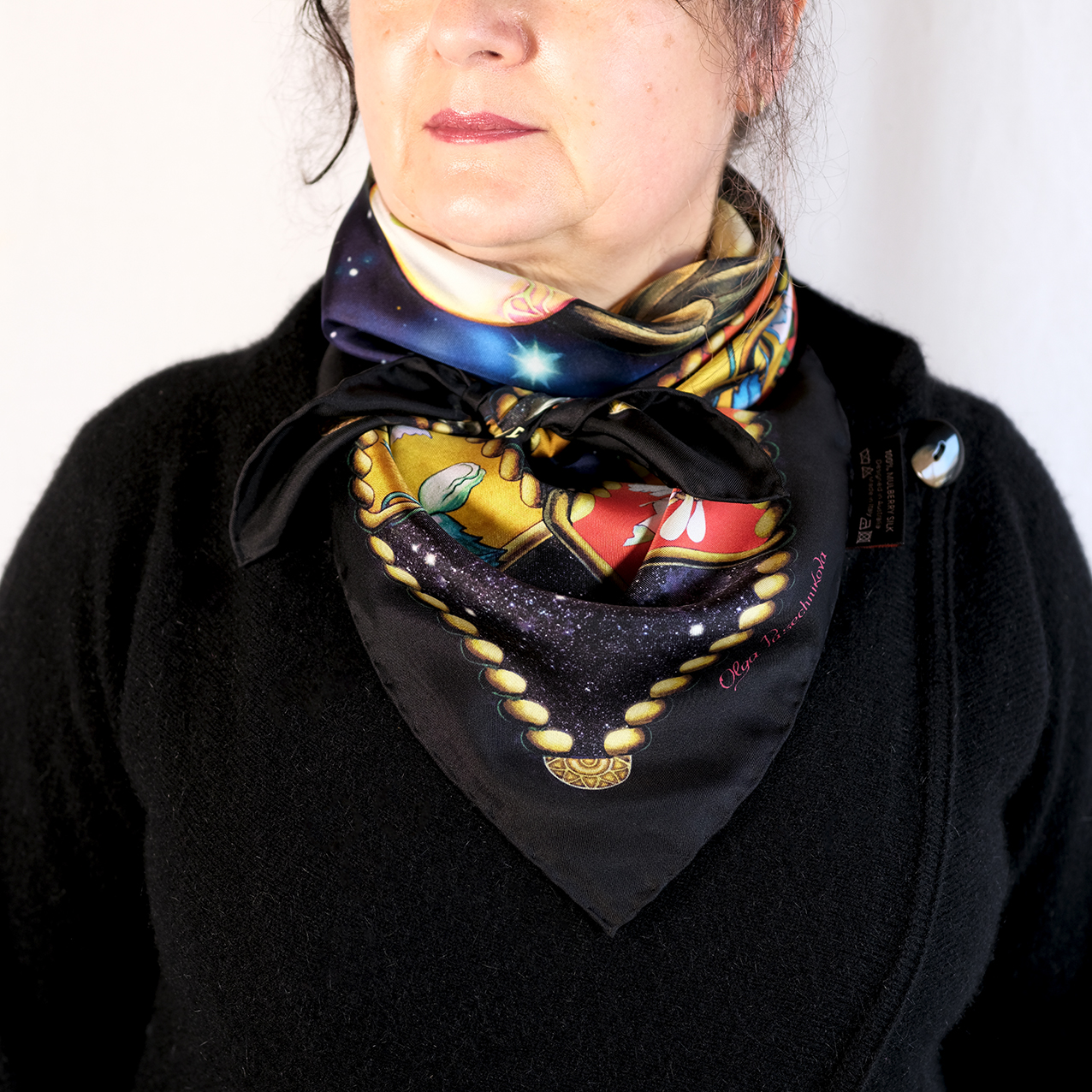 PSICHORA designer silk scarf - Creation - Black, Red, Golden Celestial - 100% mulberry silk - designer silk accessory.