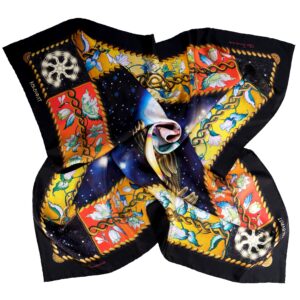 PSICHORA luxury silk scarf - Creation - Black, Red, Golden Celestial - 100% mulberry silk - designer silk accessory.
