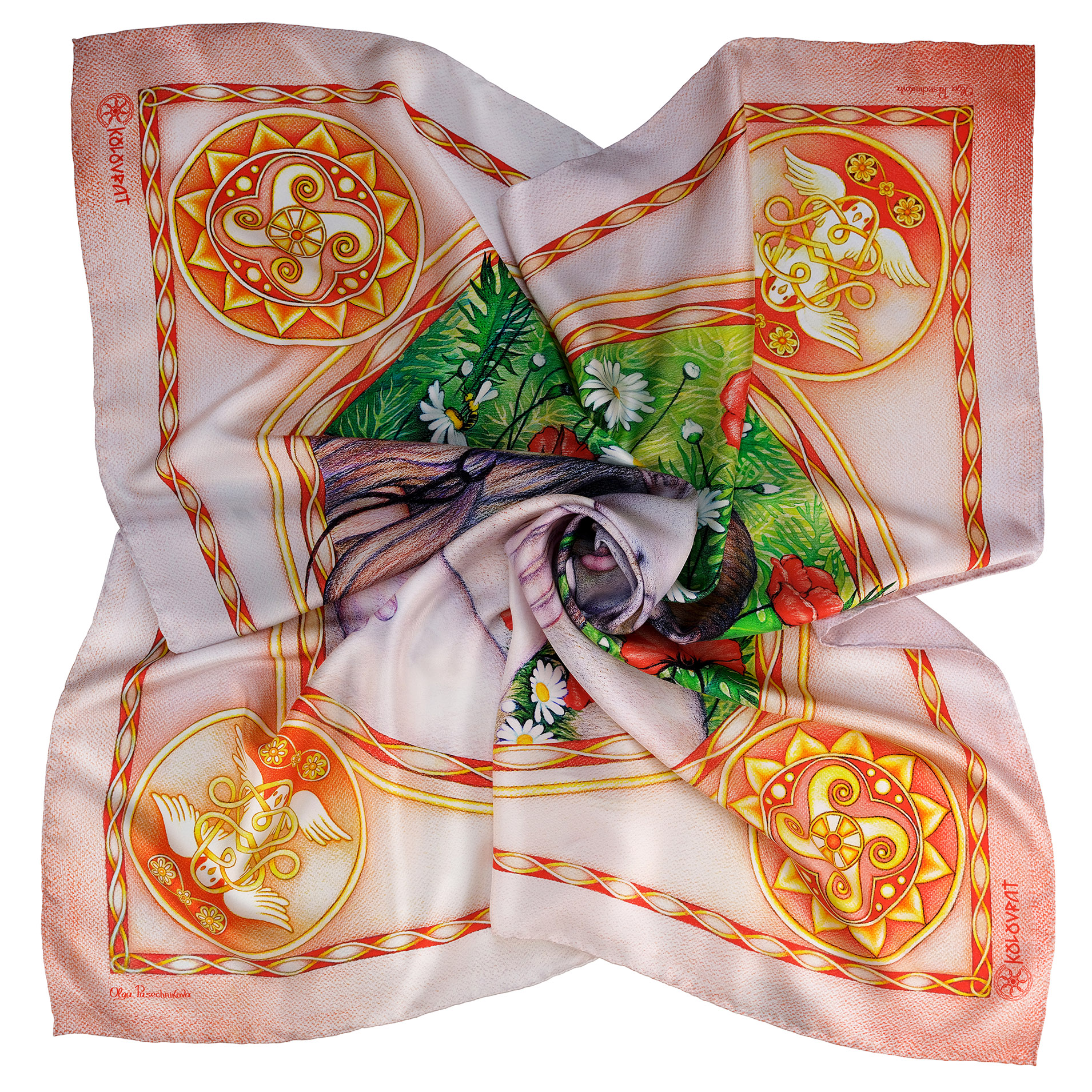 PSICHORA luxury silk scarf – Eternal Lovers – Golden Pink Emerald White Red Flowers – 100% mulberry silk – designer accessory for women