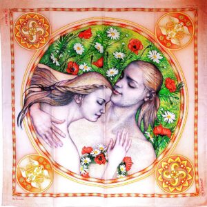 Eternal-Lovers-luxury-silk-scarf-romance PSICHORA luxury silk scarf – Eternal Lovers – Golden Pink Emerald White Red Flowers – 100% mulberry silk – designer accessory for women