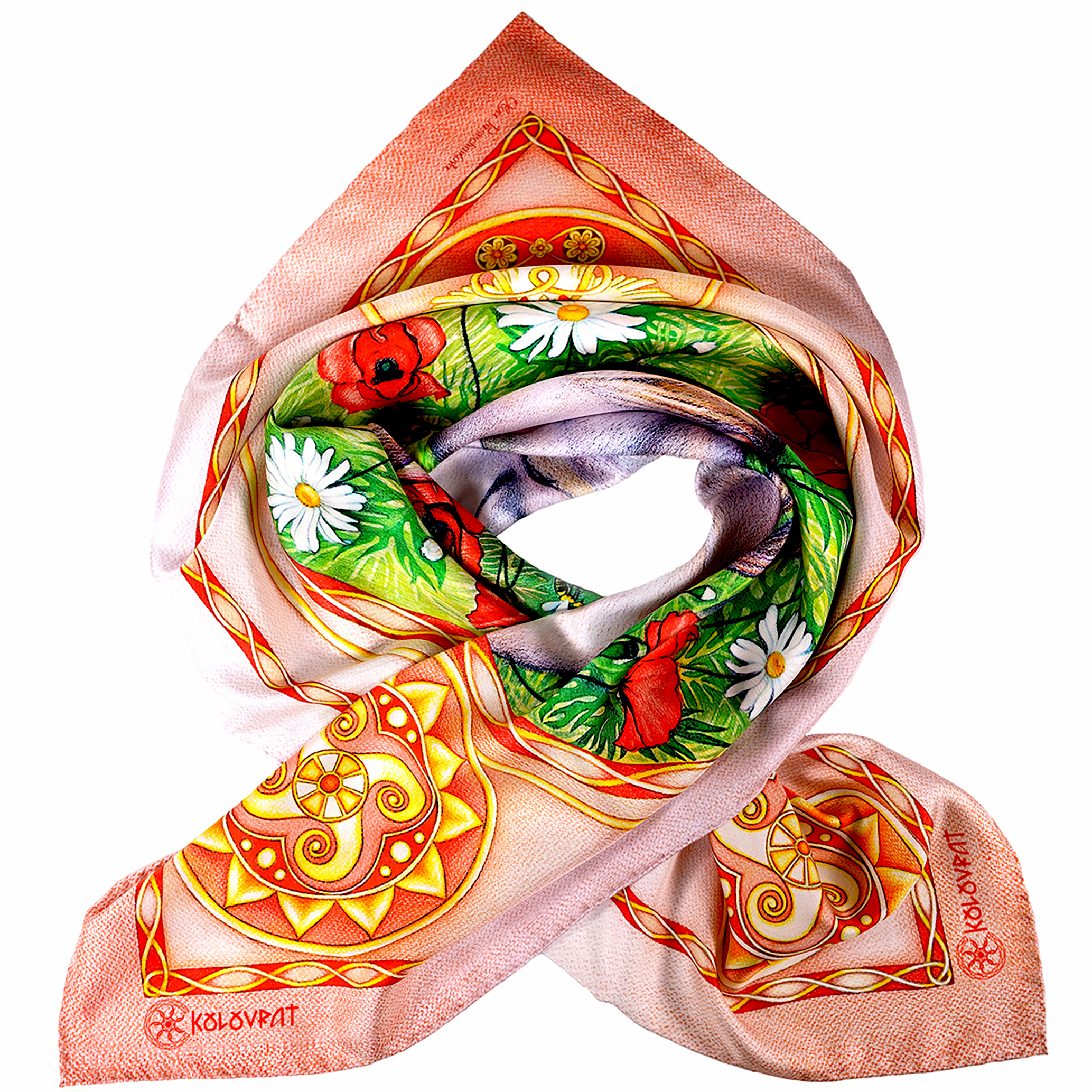 PSICHORA pure silk scarf – Eternal Lovers – Golden Pink Emerald White Red Flowers – 100% mulberry silk – designer silk accessory for women