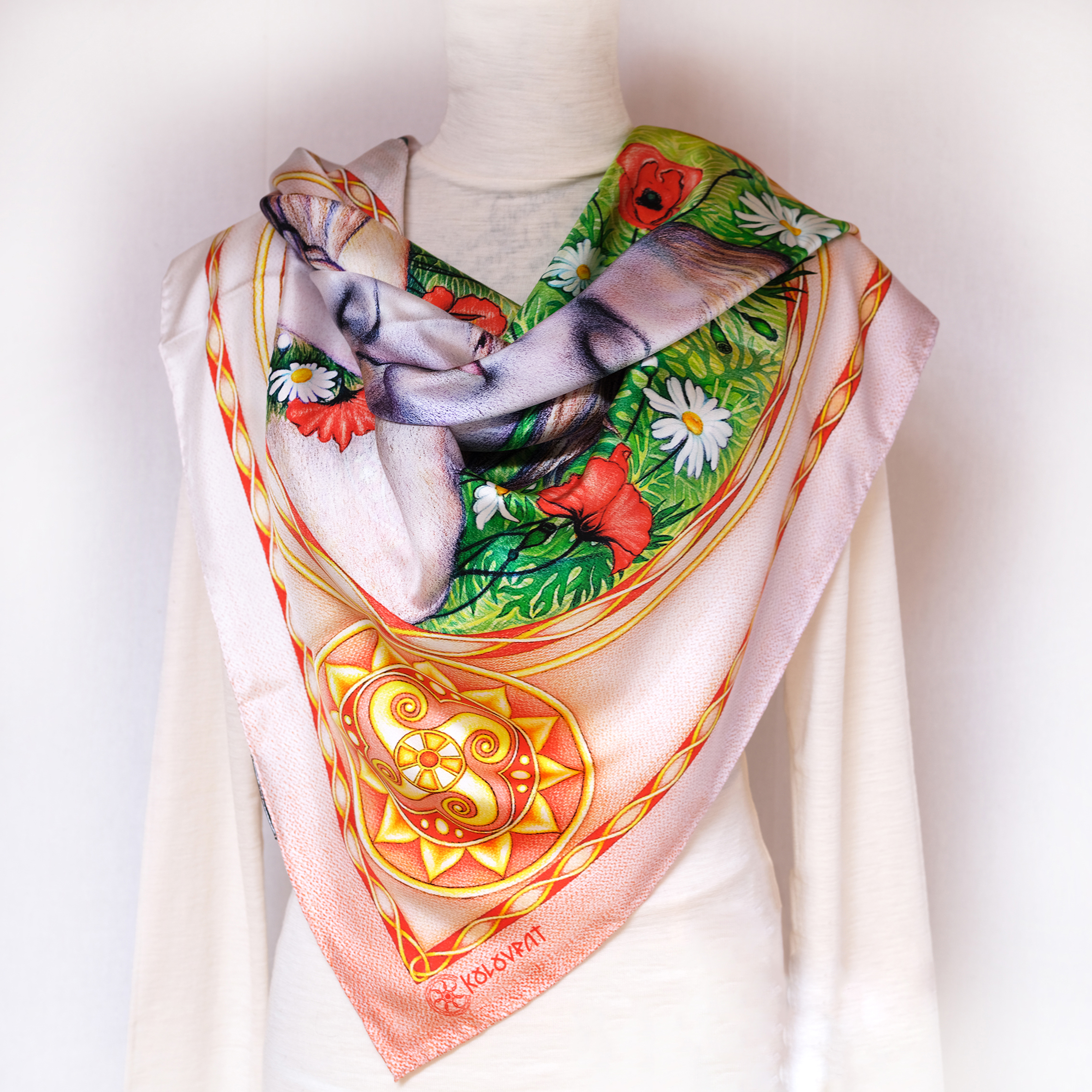 PSICHORA luxury silk scarf – Eternal Lovers – Golden Pink Emerald White Red Flowers – 100% mulberry silk – designer accessory for women