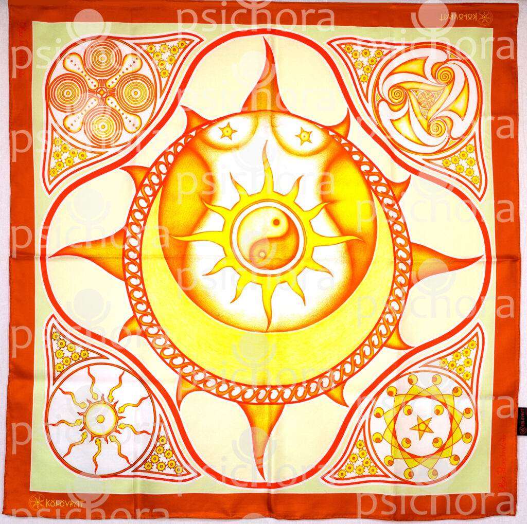 Take a look at the Everlasting Life golden amber two sided silk scarf from the Creation collection of PSICHORA.