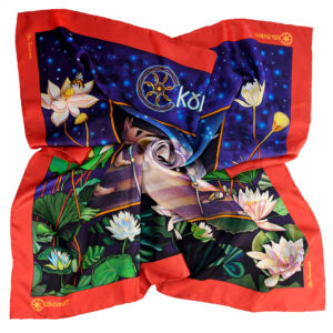 PSICHORA luxury silk scarf – Orion – Red Navy Blue Lotus Flower – 100% mulberry silk – designer accessory for women