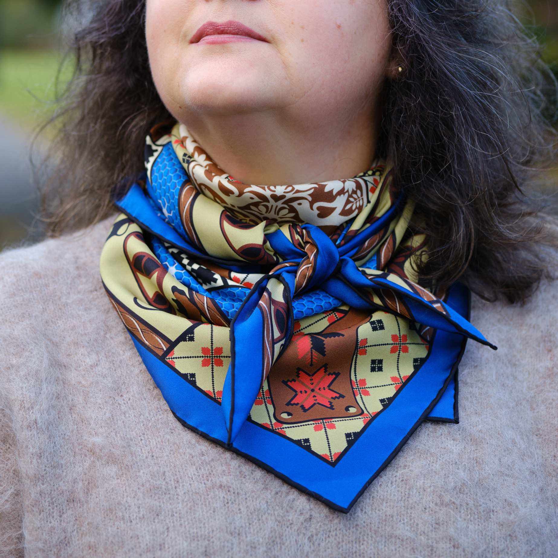 PSICHORA luxury silk scarf – Talisman – Teal Blue – 100% mulberry silk – designer accessory for women