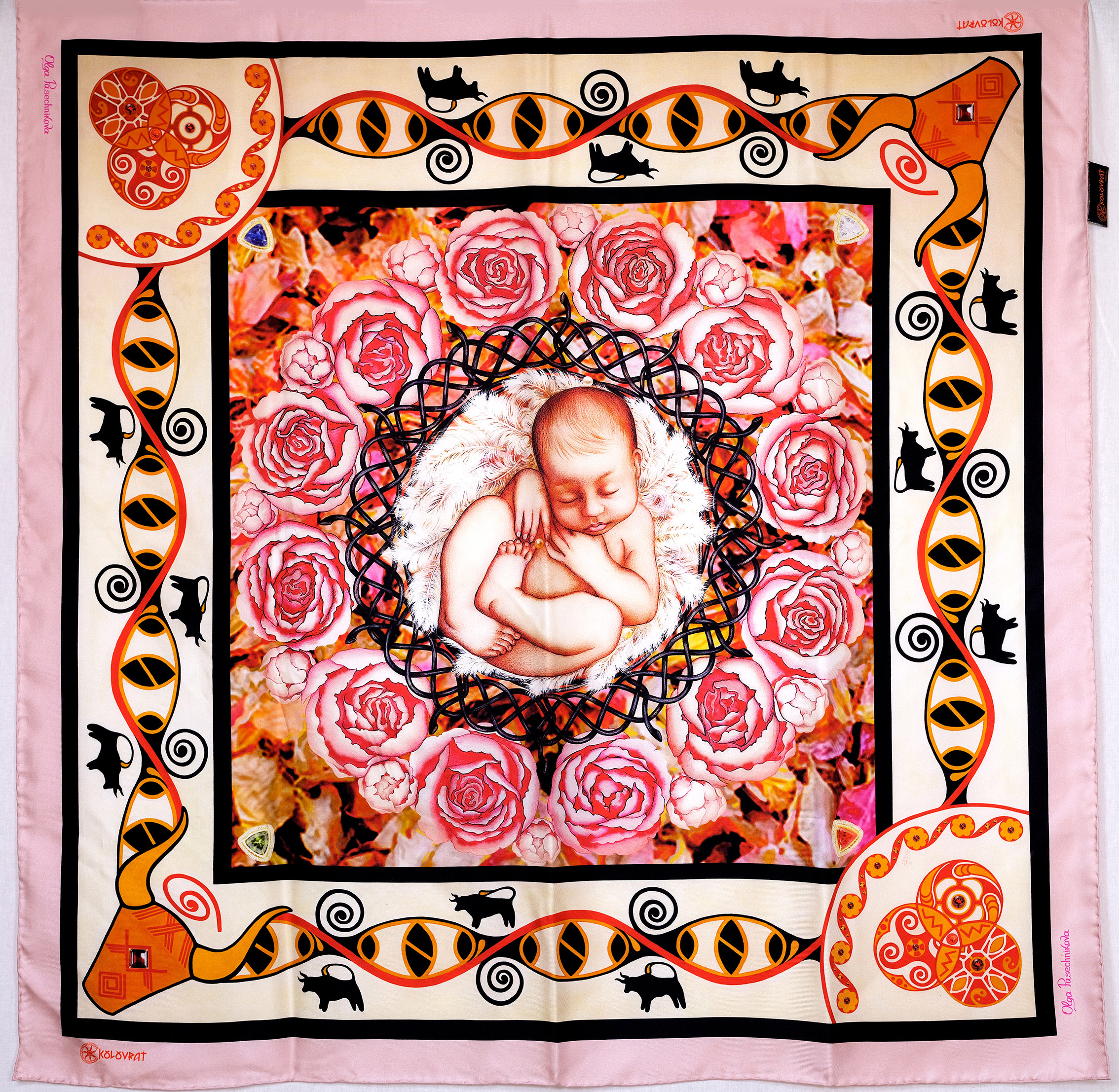 PSICHORA luxury silk scarf - The Beginning - Pink Coral Terracotta - 100% mulberry silk - designer silk accessory.