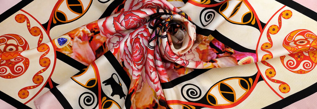 The Beginning, 90cm pure silk scarf by PSICHORA. Horizontal shortcut.