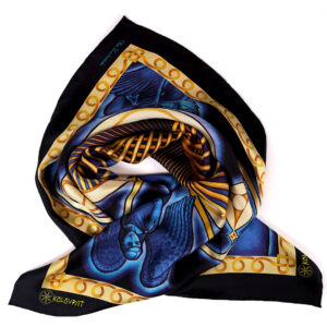 cosmic-creation-scarf-90-cm-tied Let this pure silk scarf 90cm to spark sapphires highlighted by an aged gold of the profound symbols in this glowing black blue silk scarf from PSICHORA.