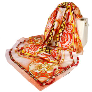 creation-n1-silk-scarf-luxury Loving sunny symbols, peachy-corals and pinkish peonies swirling around the nesting baby in the Creation N1 pure silk scarf from PSICHORA.