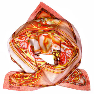 creation-n1-silk-scarf-tied Warm peachy coral and pink peony flowers of the Creation N1 luxury silk scarf designed in Australia.