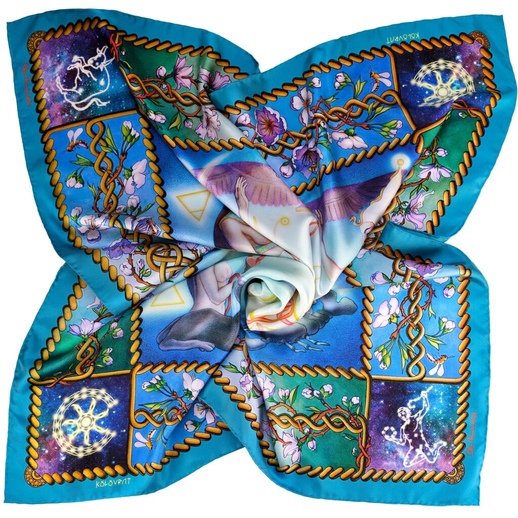 PSICHORA: Stand out in Creation N5 teal blue silk scarf 90 with Celtic knots entwined by white bloom and golden bees.