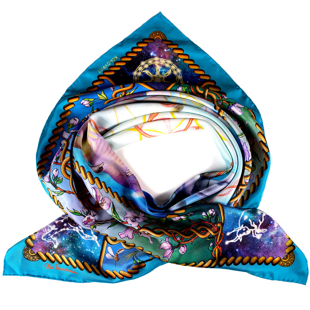 PSICHORA: Make a true statement in the Creation N5 teal blue silk scarf wondrous symbols of Eternity.