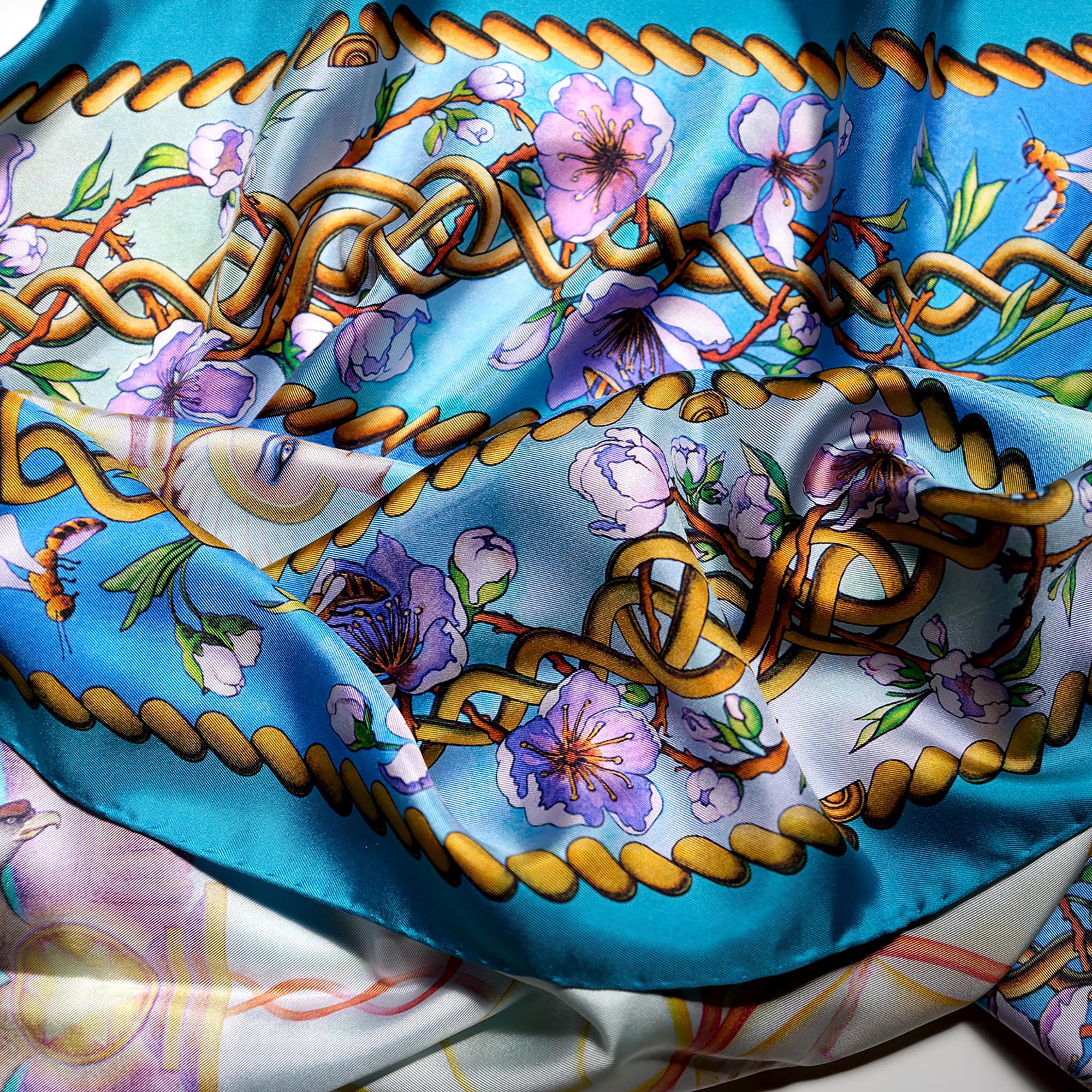 PSICHORA: hug yourself into Creation N5 teal pure silk scarf with stunning artwork that captures the finest details of authentic graphics and splendid colours.