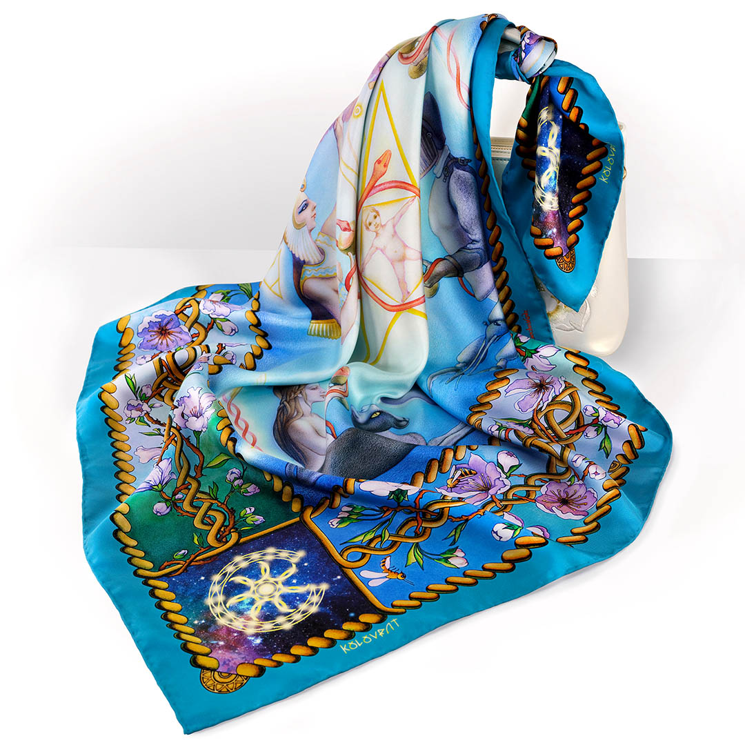 PSICHORA: Stand out in the Creation N5 unique silk scarf 90 woven from waiving blooming stems and Celtic braids