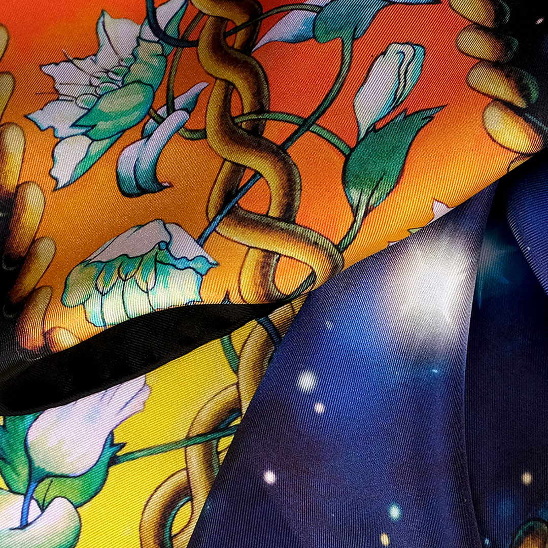 PSICHORA: Feel the heavenly vibes of the pure silk scarf "Creation", close-up view.