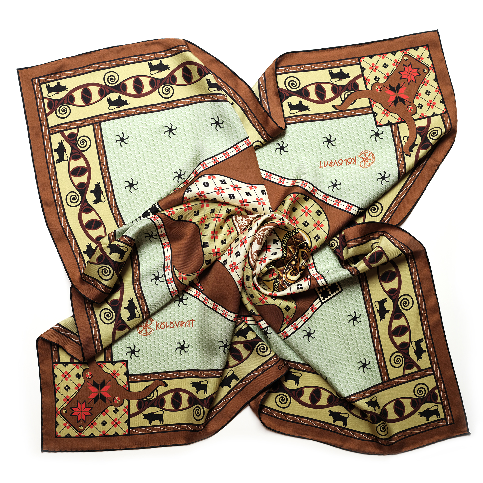 PSICHORA designer silk scarf - Talisman - Terracotta Olive Green - 100% mulberry silk - luxury silk accessory.