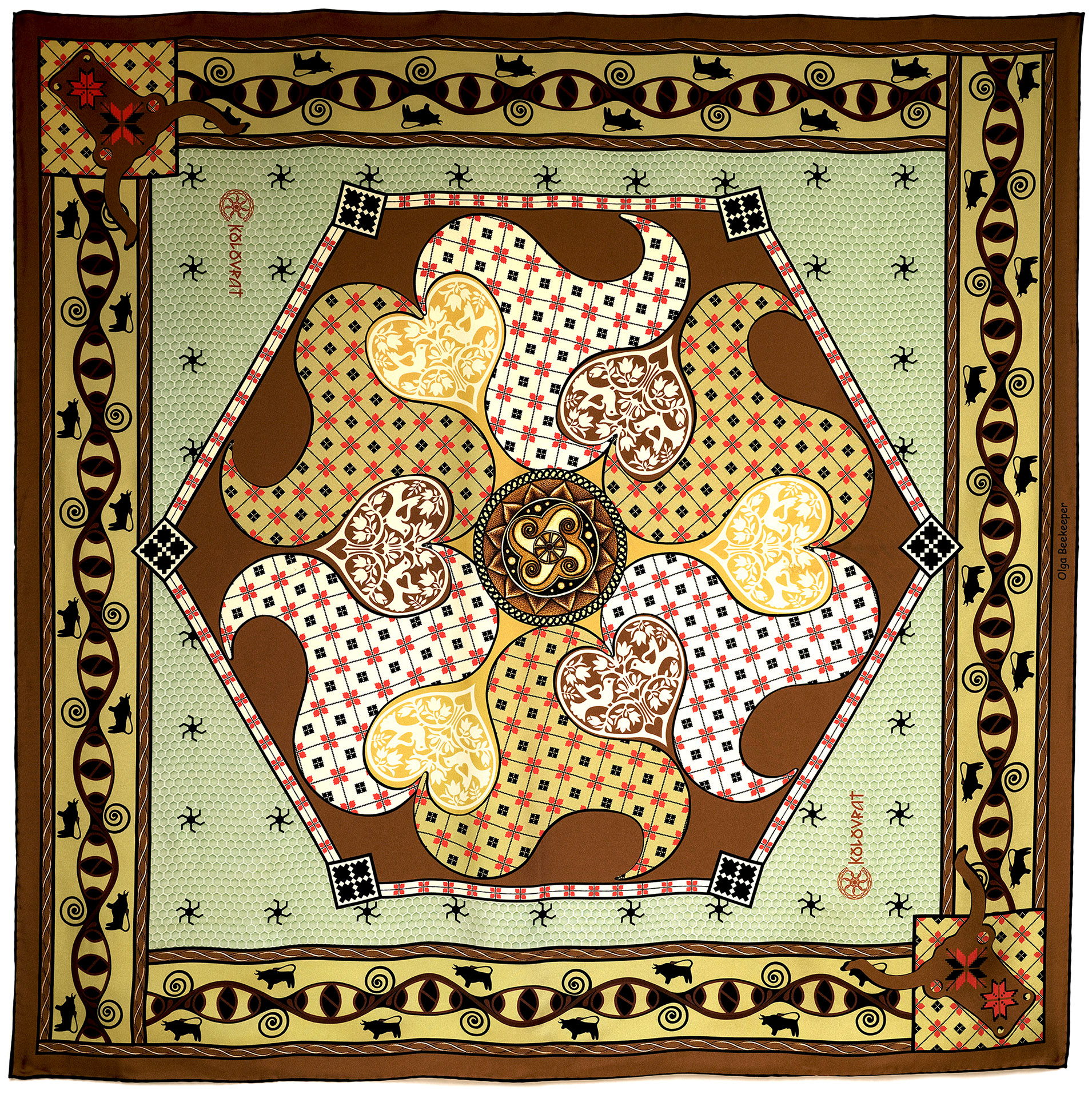 PSICHORA luxury silk scarf - Talisman - Terracotta Olive Green - 100% mulberry silk - designer silk accessory.