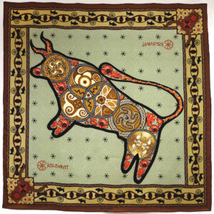 PSICHORA designer silk scarf - Taurus - Terracotta Olive Green - 100% mulberry silk - luxury silk accessory.