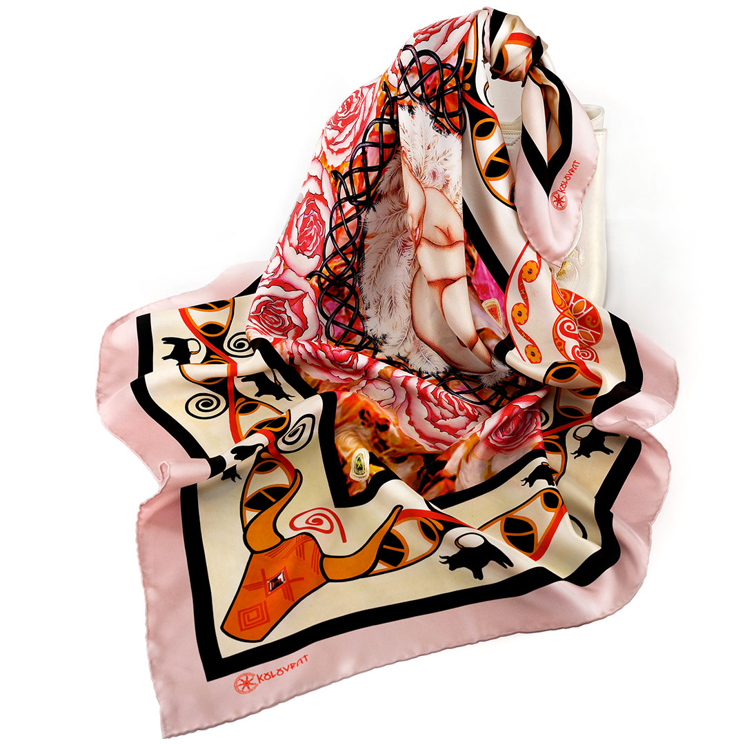 Make sure The Beginning pure silk scarf of soft pink & golden amber underlined by rich brown graphics becomes your favourite accessory in no time.